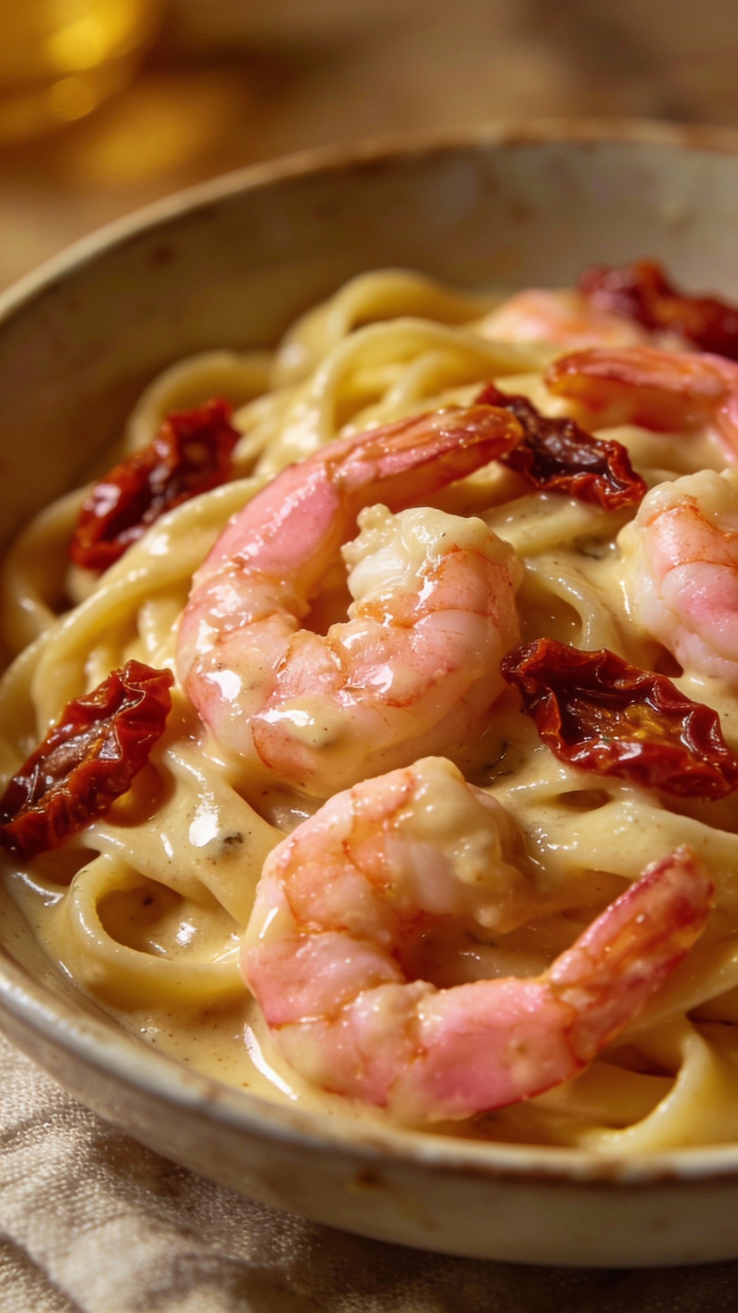 closeup bowl of creamy Tuscan shrimp pasta with sun-dried tomatoes