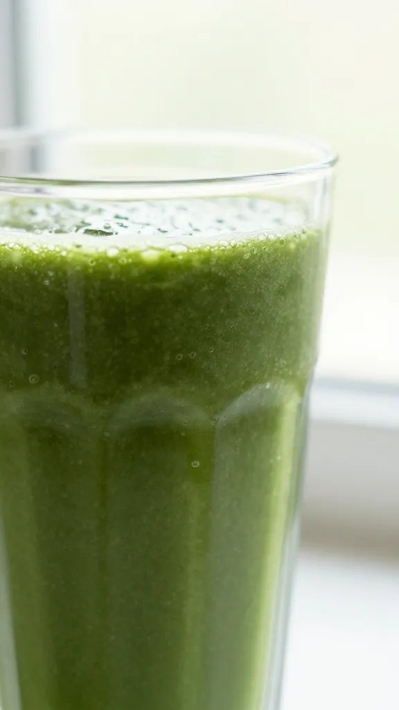 closeup glass of vibrant green detox smoothie, soft window light