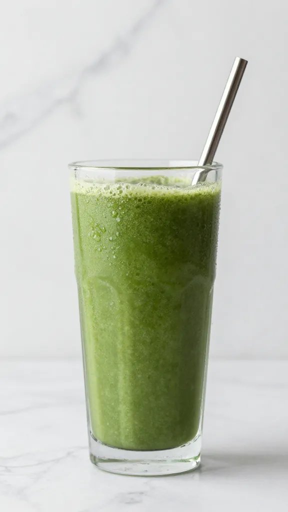 single green smoothie in clear tumbler with metal straw, marble backdrop