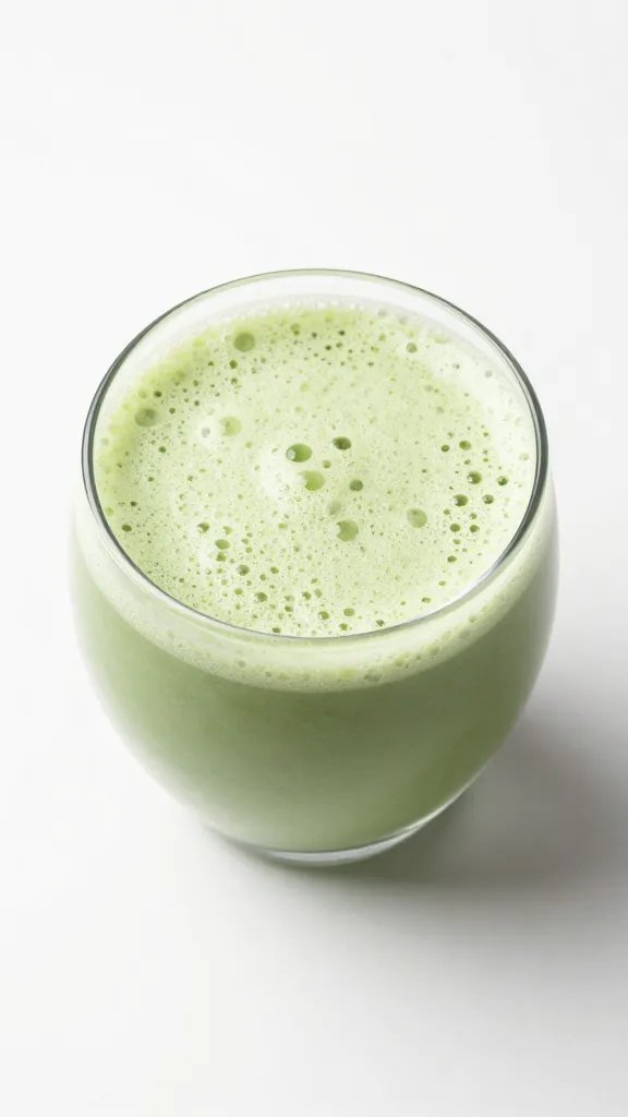 overhead shot of frothy green goddess smoothie in round glass, minimal shadows