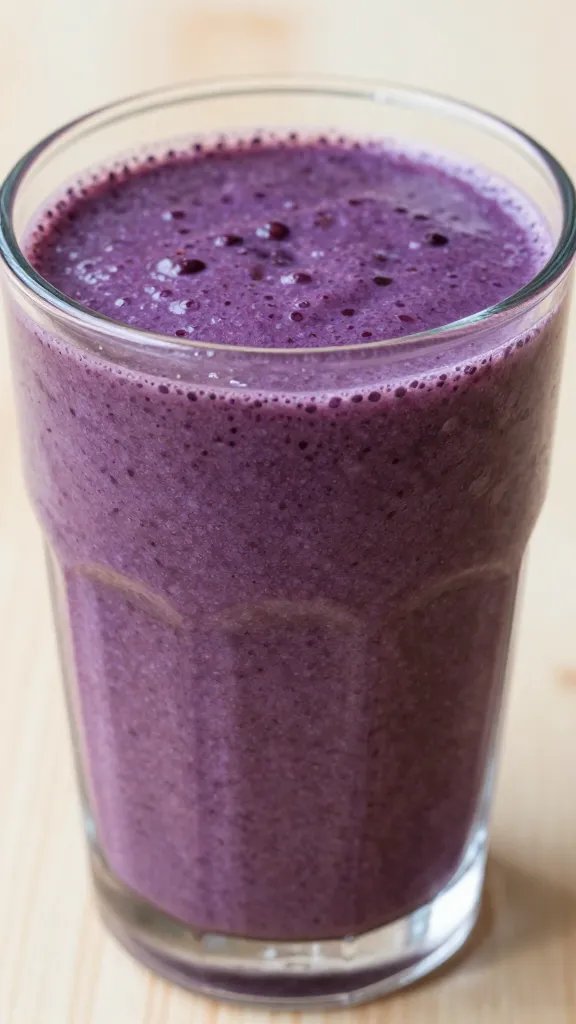 Berry detox smoothie in clear glass, closeup, vibrant purple