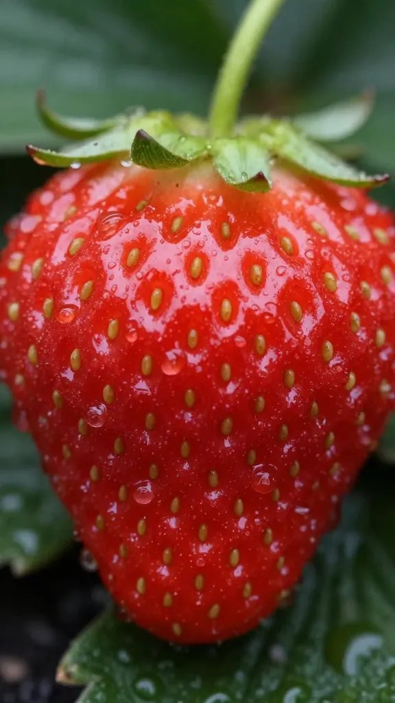 Single strawberry coated in condensation, macro, dewy freshness