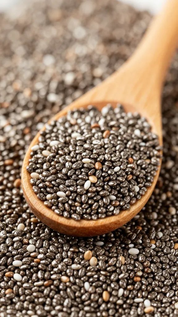 Wooden spoonful of chia seeds, closeup, soft natural light
