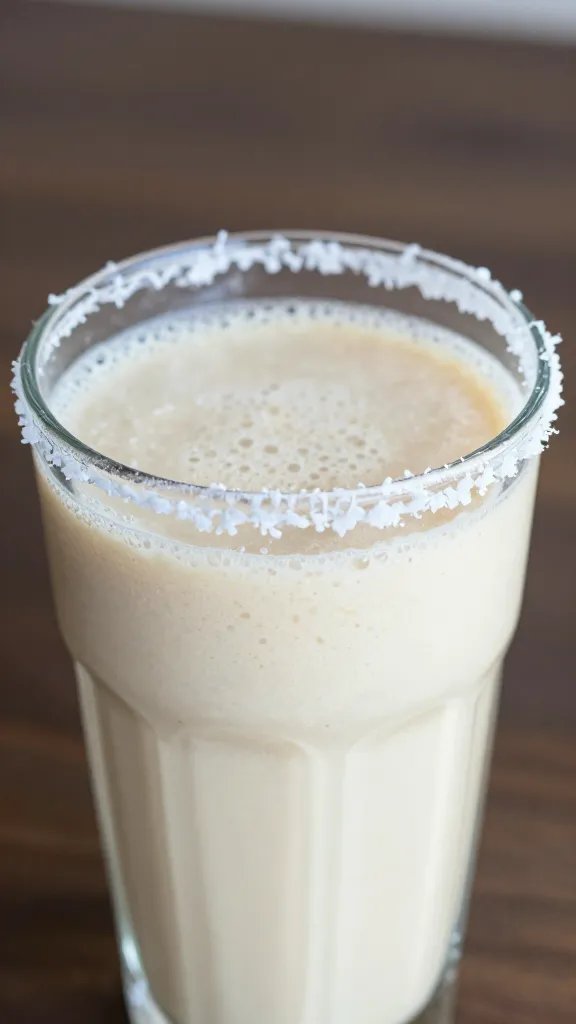 closeup tropical cleanse smoothie in clear glass, coconut rim