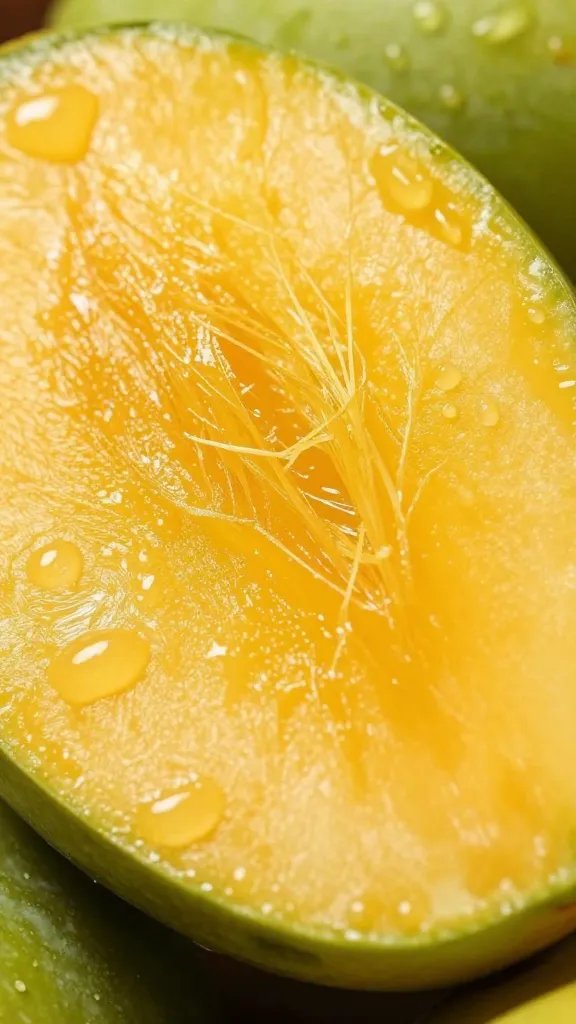 closeup fresh mango half with visible fiber, dewy surface