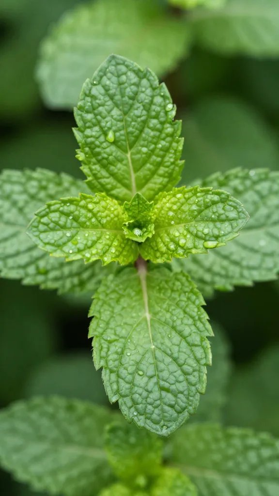 closeup of fresh mint sprig with dewdrops