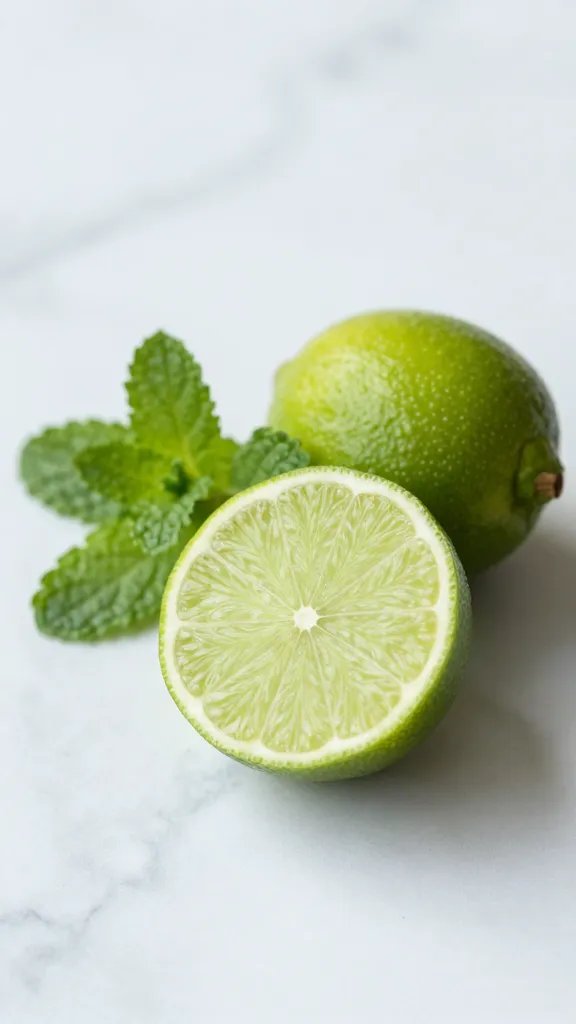 halved lime on marble beside mint leaves