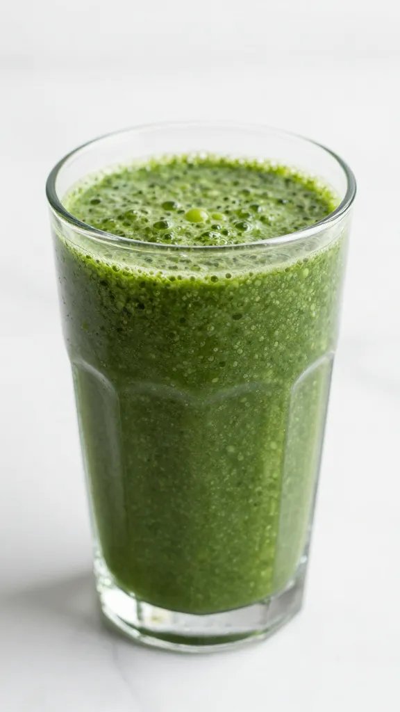 Closeup glass of spinach-pineapple smoothie on white marble