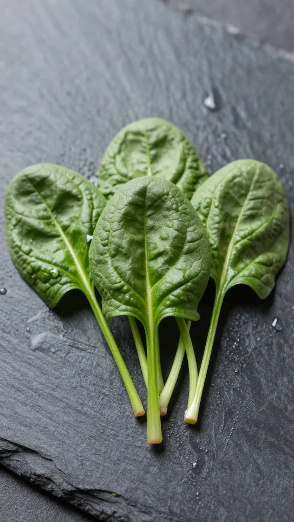 Handful of baby spinach leaves on wet slate background