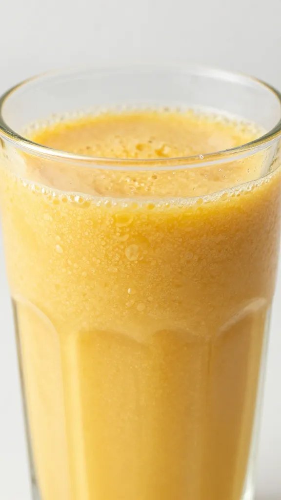 closeup of citrus detox smoothie in clear glass, condensation