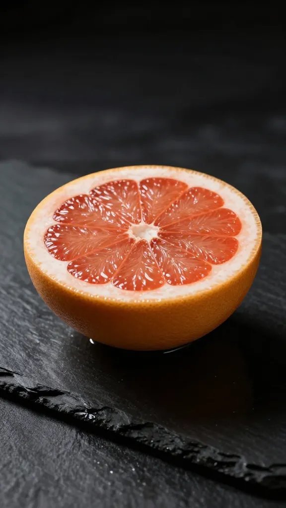 single halved grapefruit on wet slate, dramatic side light