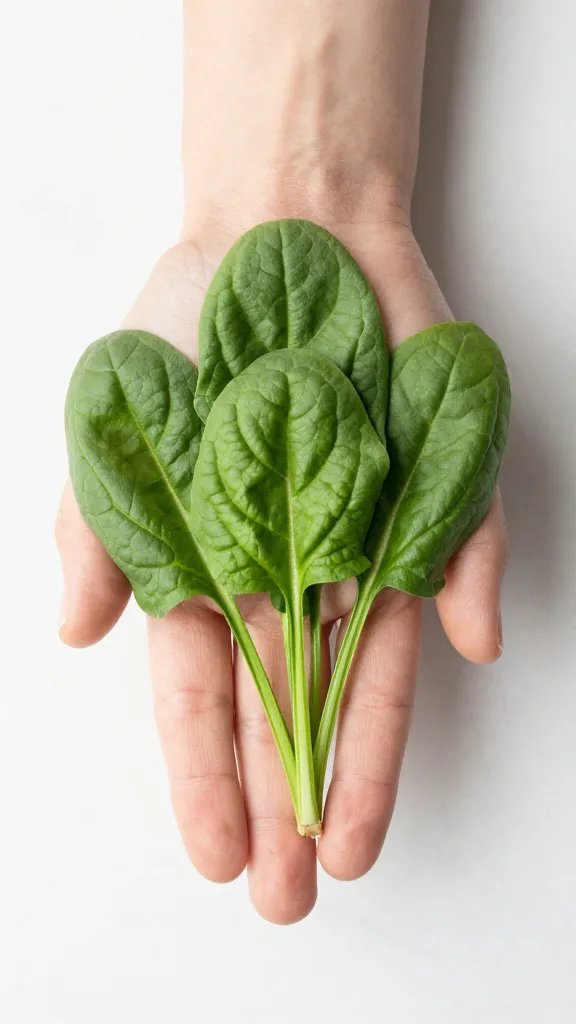 handful of fresh spinach leaves on white marble, overhead shot