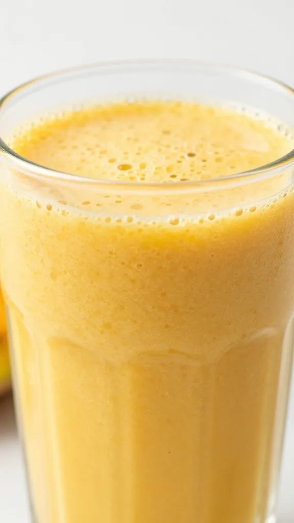 closeup of mango ginger detox smoothie in a clear glass