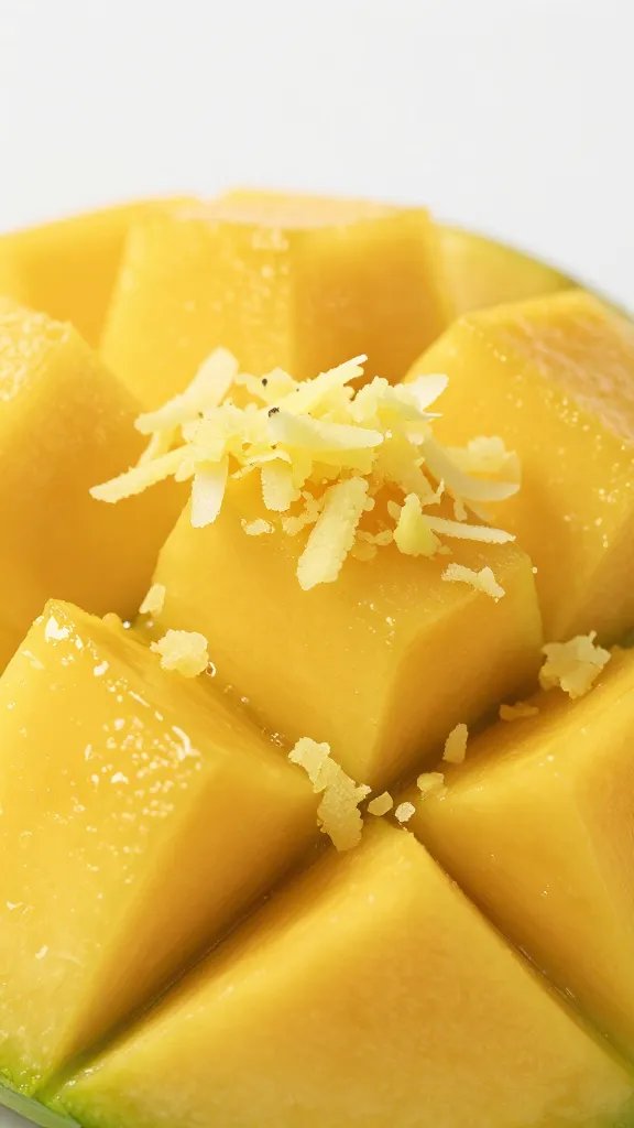 macro shot of fresh mango slice with grated ginger on top