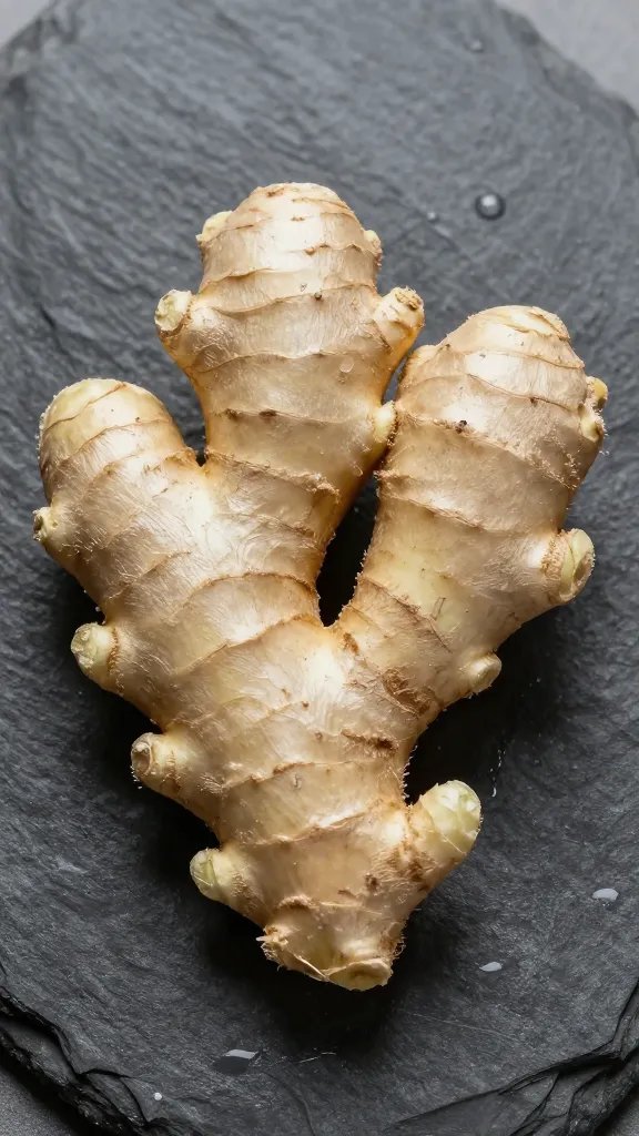 overhead closeup of ginger root on wet slate surface