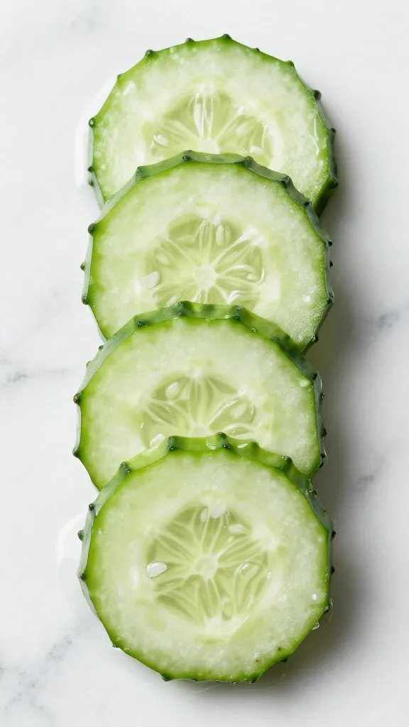 overhead shot of sliced cucumber rounds on wet marble