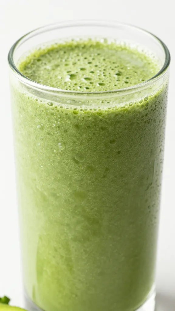 closeup glass of kale kiwi smoothie with condensation