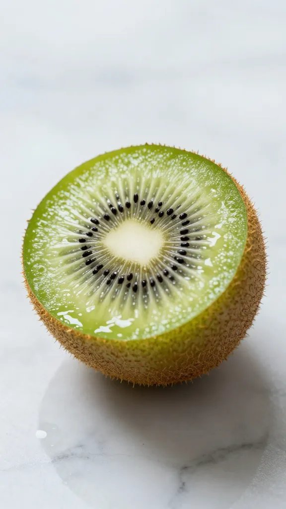 single halved kiwi on slick marble with juice glisten