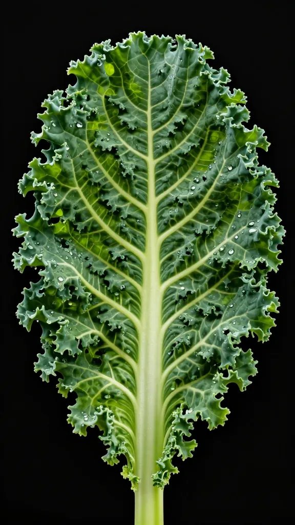 single curly kale leaf backlit, dewdrops visible