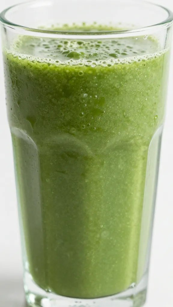 closeup of green detox smoothie in clear glass, condensation