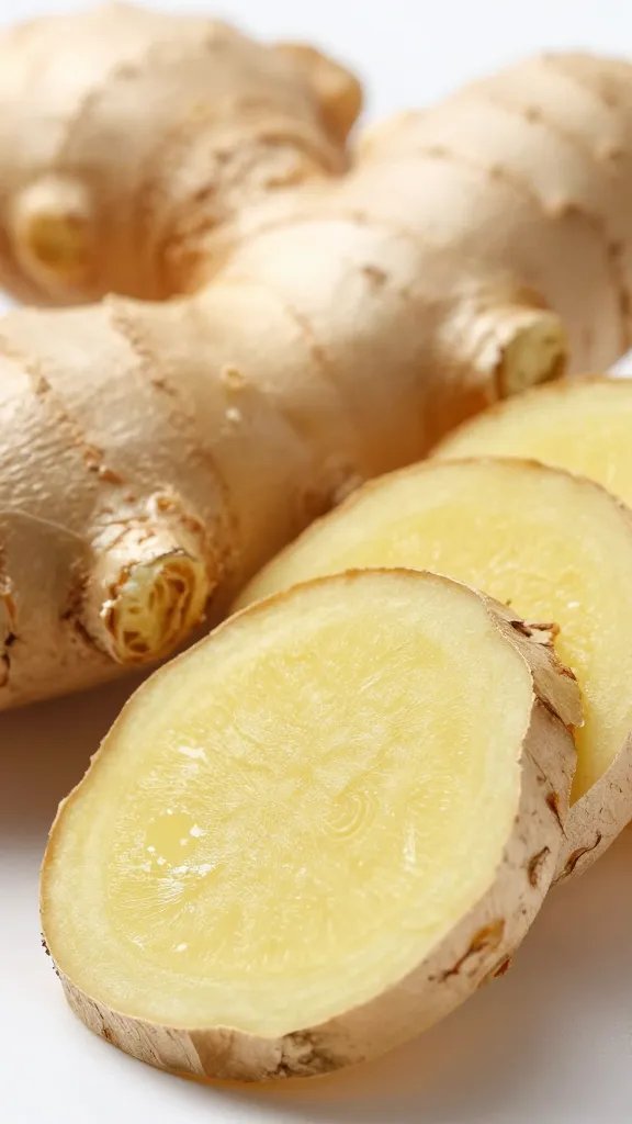 closeup of ginger root with sliced cross-section, soft light