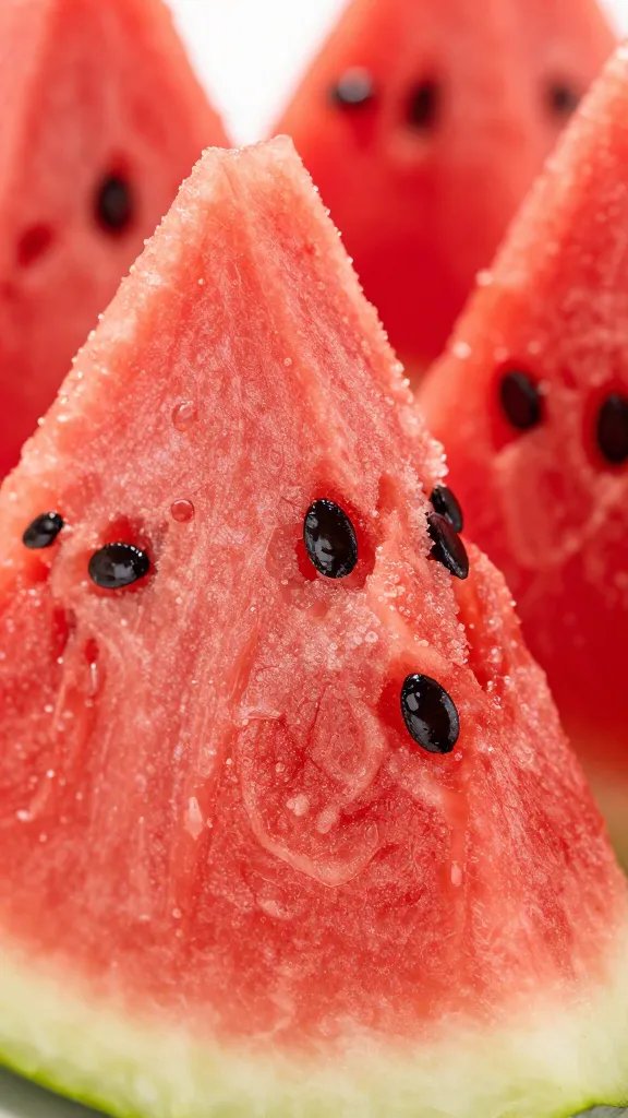 macro shot of watermelon slice showing juicy flesh and seeds