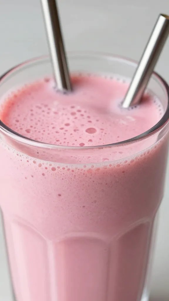 closeup of pink smoothie in clear tumbler with metal straw