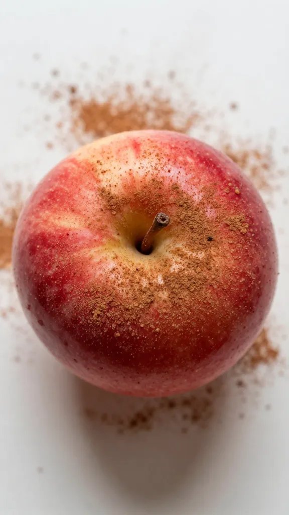 overhead shot of a single red apple dusted with cinnamon