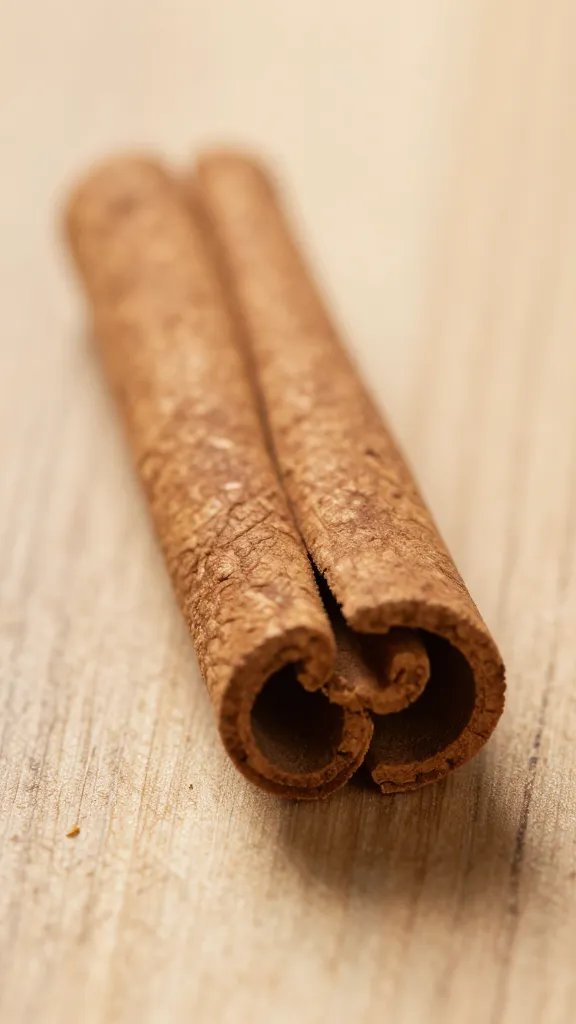 macro of cinnamon stick on wooden board, soft fall lighting