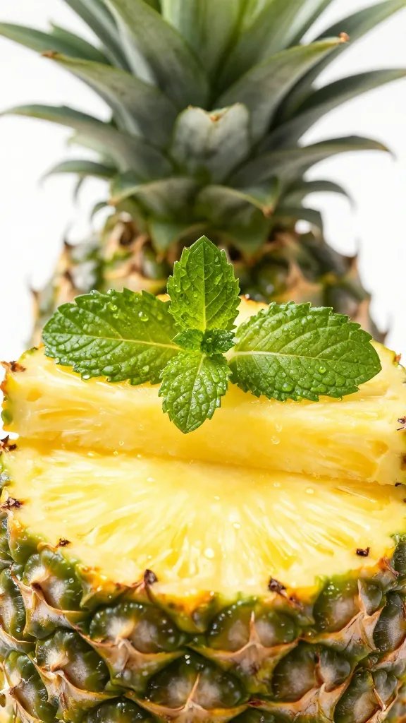 closeup of fresh pineapple slice with dewy mint leaves