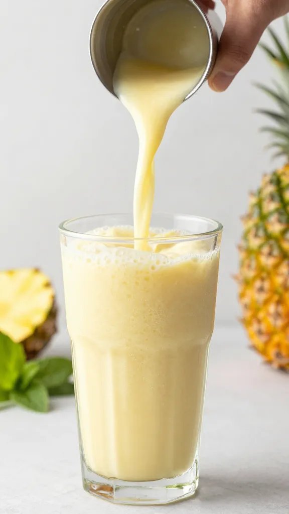 hand pouring pineapple mint smoothie into chilled tumbler