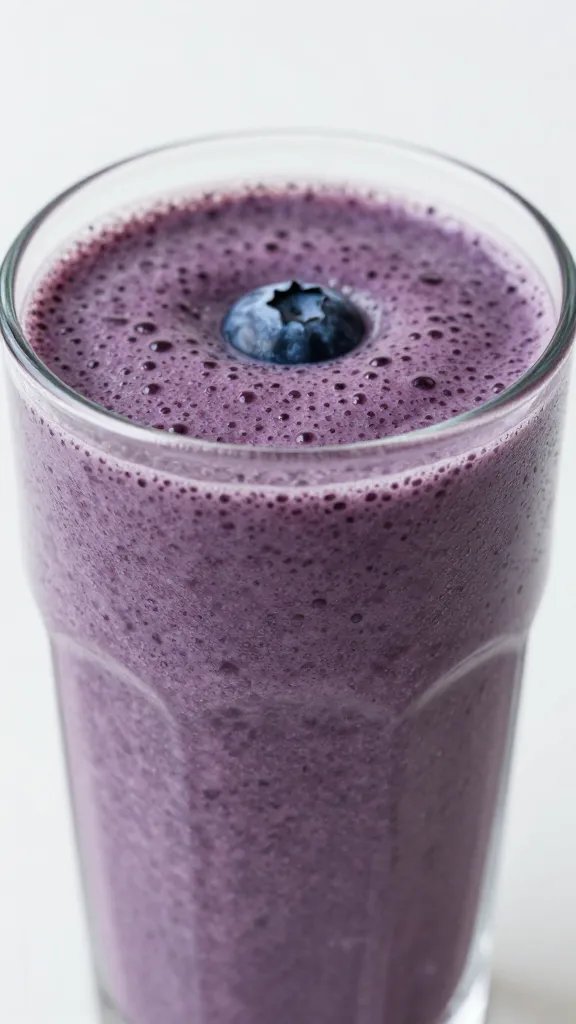 closeup blueberry detox smoothie in clear glass, frosty condensation