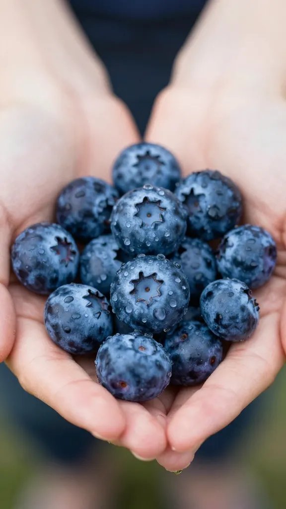 single handful of fresh blueberries, water droplets, macro shot