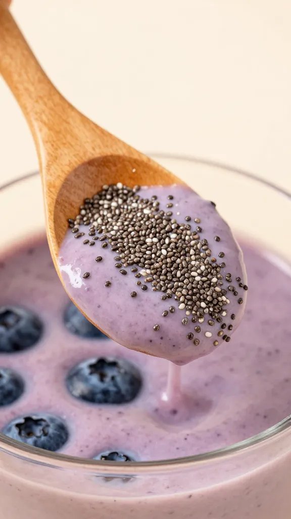 closeup wooden spoon with chia topping for blueberry smoothie
