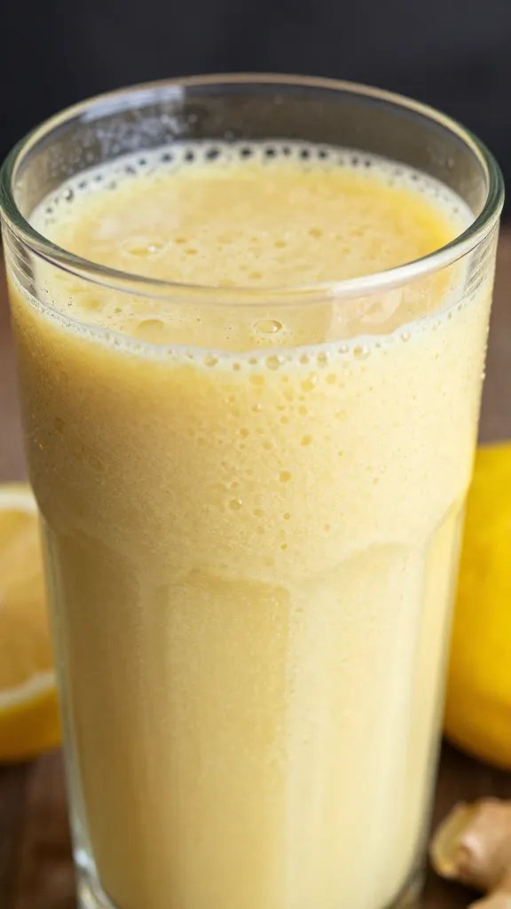 closeup lemon ginger cleanse smoothie in clear glass, condensation