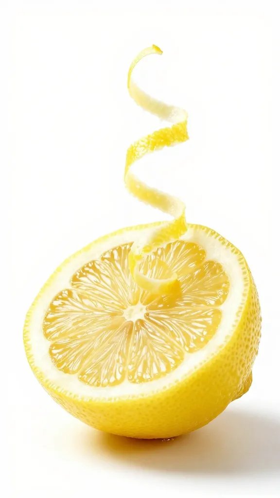 single lemon half with zest curls, bright studio lighting