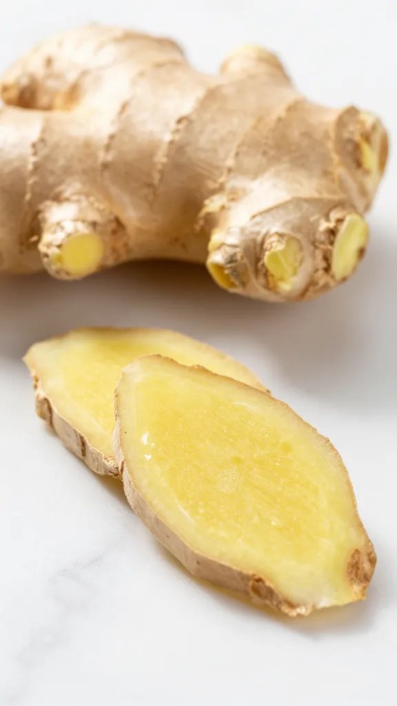 fresh ginger root slice on white marble, sharp macro shot