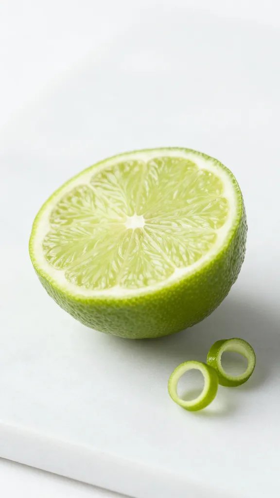 single halved lime with zest curls on white marble