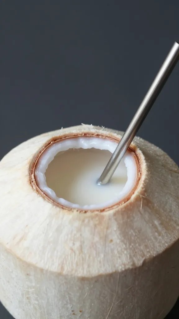 closeup coconut half filled with smoothie, metal straw