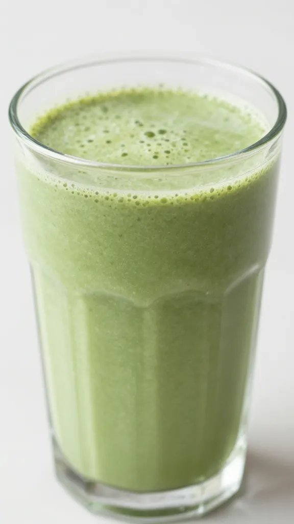 closeup peachy green detox smoothie in clear glass, soft daylight