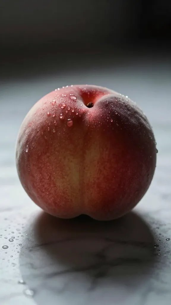 single ripe peach with dew on marble, moody backlight