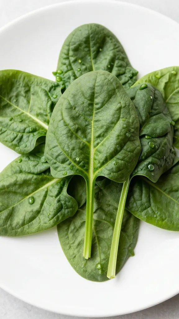 closeup handful of fresh spinach leaves on white plate
