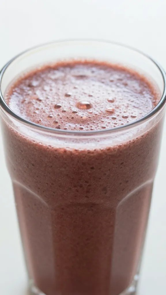 closeup beet detox smoothie in clear glass, natural light