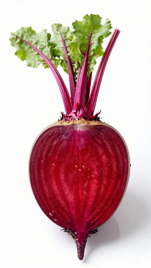 single raw beet with greens, wet and freshly sliced
