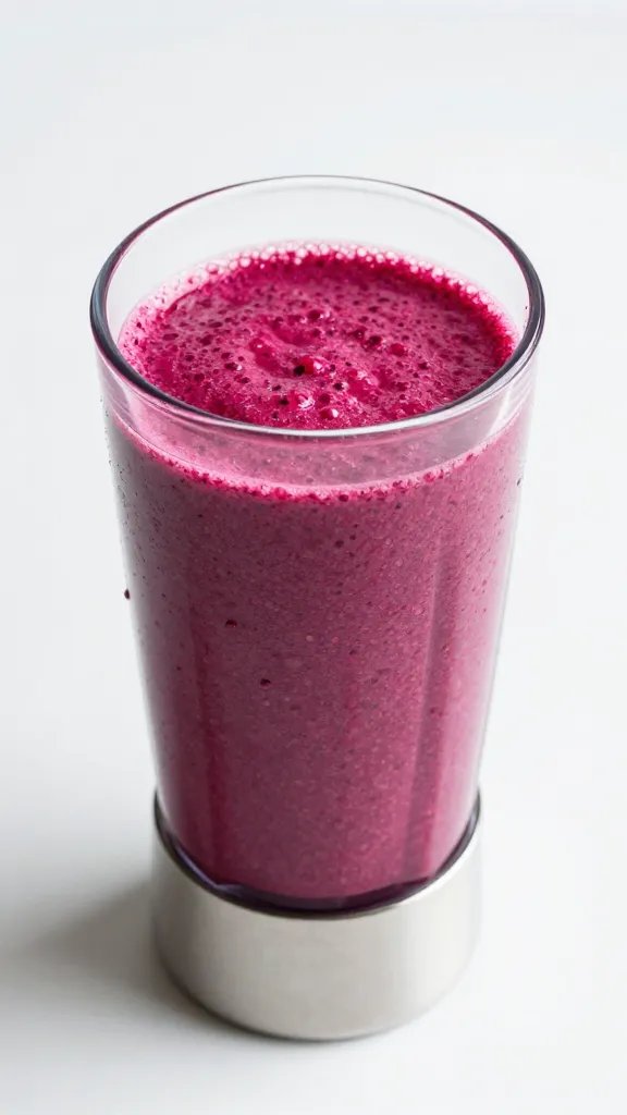 stainless blender jar with vibrant beet smoothie, top view