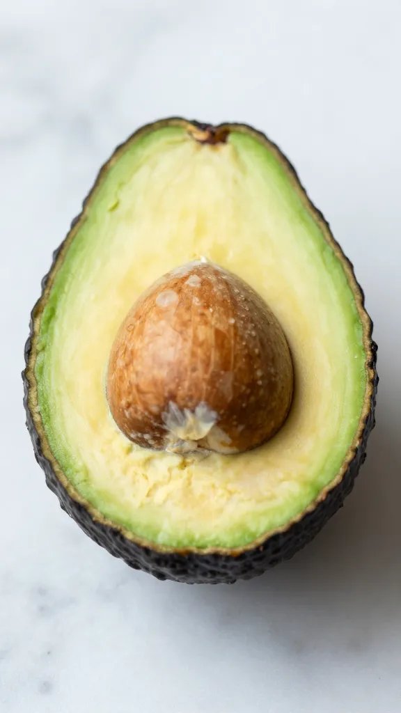 halved ripe avocado on marble, seed facing up, macro