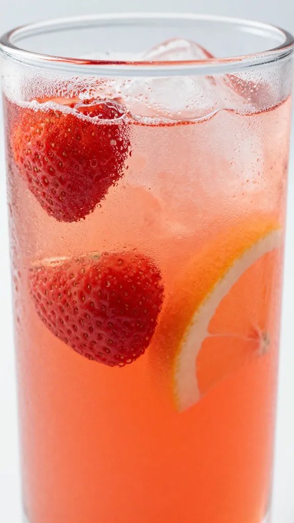 closeup glass of strawberry citrus detox smoothie, frosty condensation
