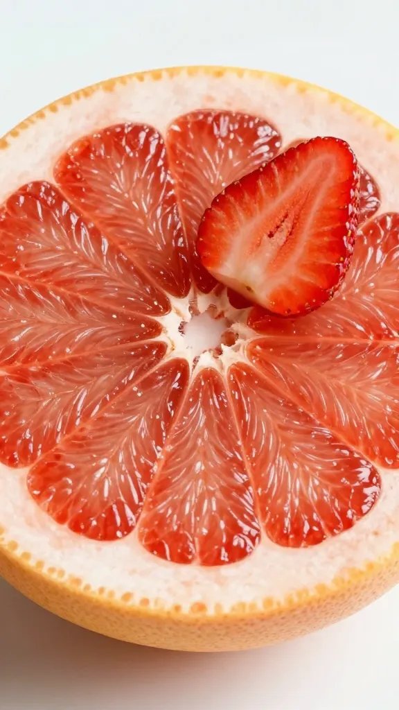 single halved grapefruit with strawberry garnish, tight macro shot