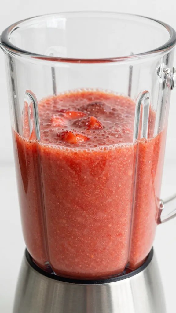 stainless blender jar filled with strawberry-citrus puree, overhead closeup