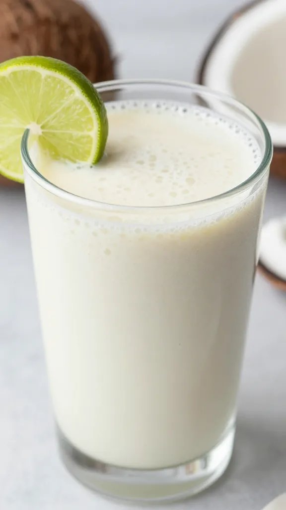 closeup creamy coconut detox smoothie in clear glass, lime garnish